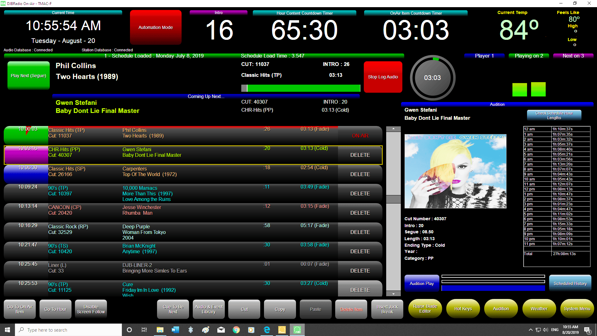 DJ Virtual Jock radio broadcasting interface with playlist, timer, and song details.
