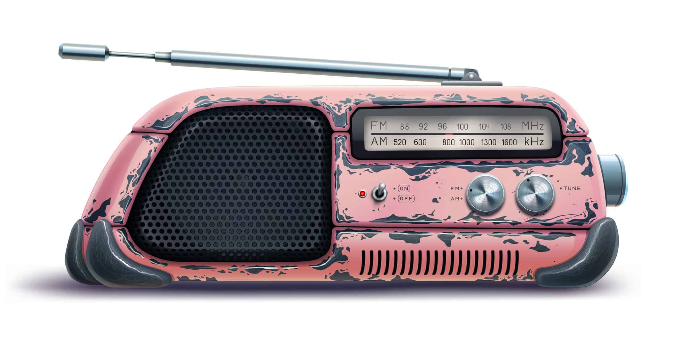 Vintage pink portable radio with antenna, knobs, and speaker grille, representing retro music devices.