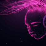 AI-generated digital art of a person wearing headphones with neon pink and purple light effects.