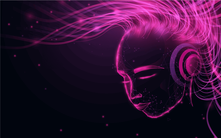 AI-generated digital art of a person wearing headphones with neon pink and purple light effects.