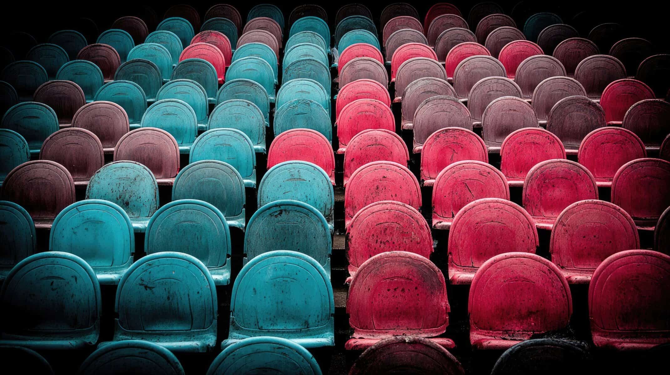 Colorful stadium seats in shades of blue, red, and black, highlighting virtual entertainment setting.